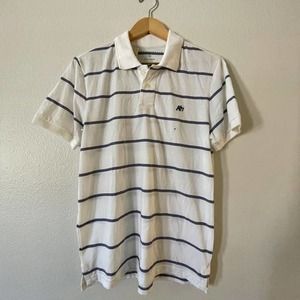 Aeropostole Size Medium Mens Polo Shirt White Black Stripes Logo Short Sleeve